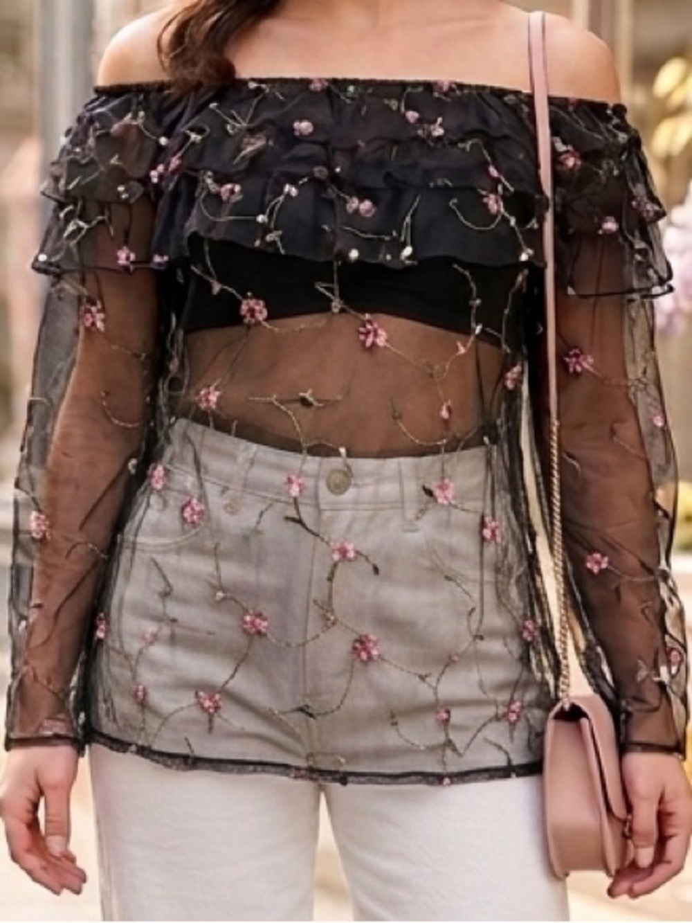 Zara Mesh Floral Embroidered Off Shoulder Ruffle Blouse L Whimsygoth Fairy Boho